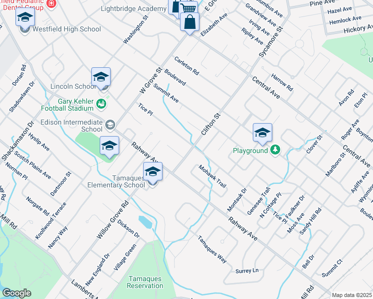 map of restaurants, bars, coffee shops, grocery stores, and more near 921 Tice Place in Westfield