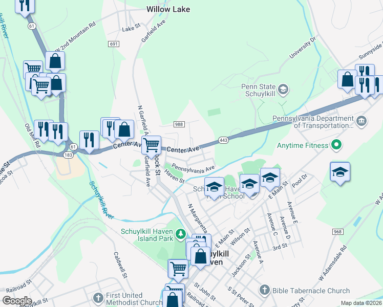map of restaurants, bars, coffee shops, grocery stores, and more near 49 Center Avenue in Schuylkill Haven