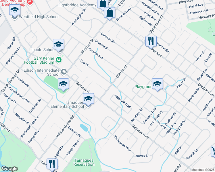 map of restaurants, bars, coffee shops, grocery stores, and more near 921 Tice Place in Westfield