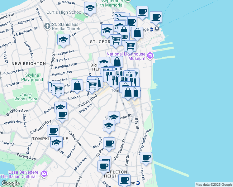 map of restaurants, bars, coffee shops, grocery stores, and more near 16 Saint Pauls Avenue in Staten Island