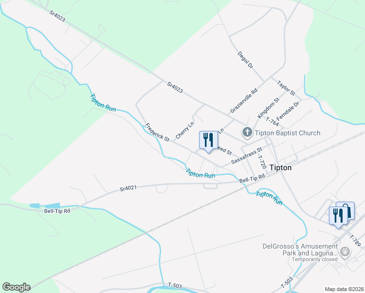 map of restaurants, bars, coffee shops, grocery stores, and more near Frederick Street in Tipton