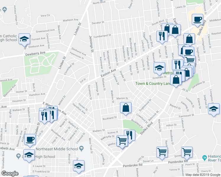 map of restaurants, bars, coffee shops, grocery stores, and more near 1845 Watkins Street in Bethlehem