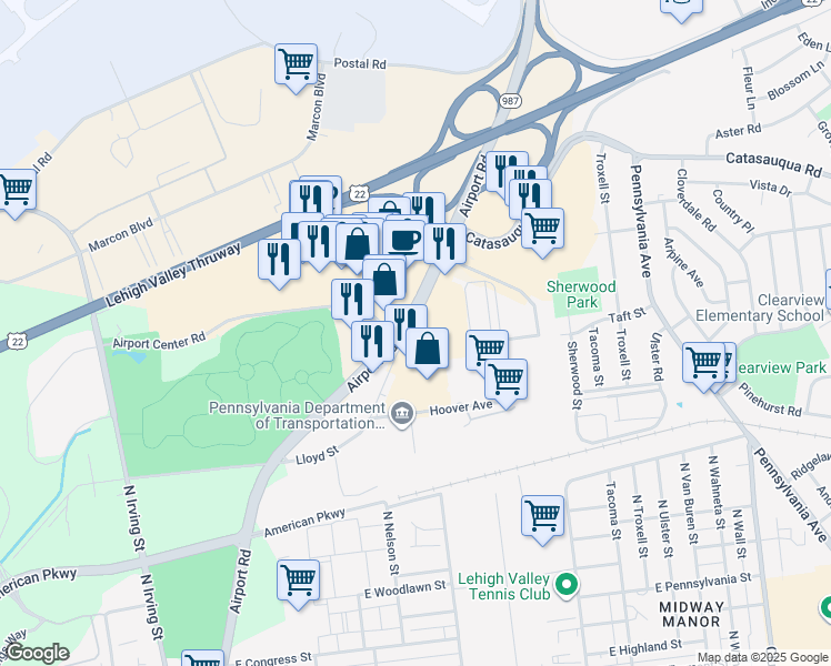 map of restaurants, bars, coffee shops, grocery stores, and more near 1760 Airport Road in Allentown