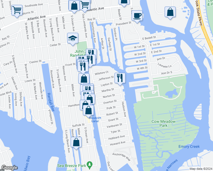 map of restaurants, bars, coffee shops, grocery stores, and more near 49 Layton Street in Freeport