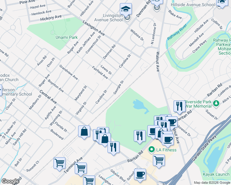 map of restaurants, bars, coffee shops, grocery stores, and more near 60 Fairfield Avenue in Cranford