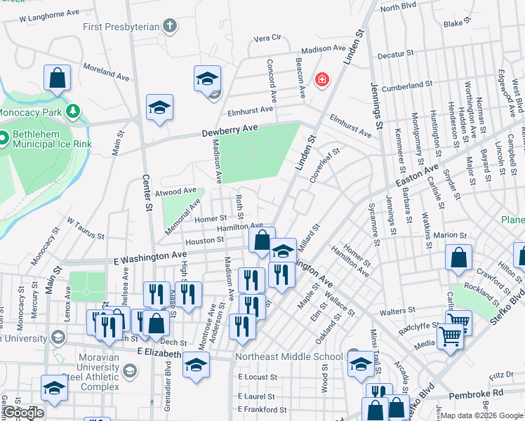 map of restaurants, bars, coffee shops, grocery stores, and more near 334 Carver Drive in Bethlehem