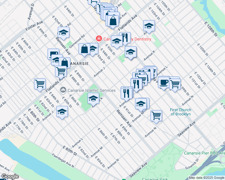 map of restaurants, bars, coffee shops, grocery stores, and more near 9208 Avenue K in Brooklyn
