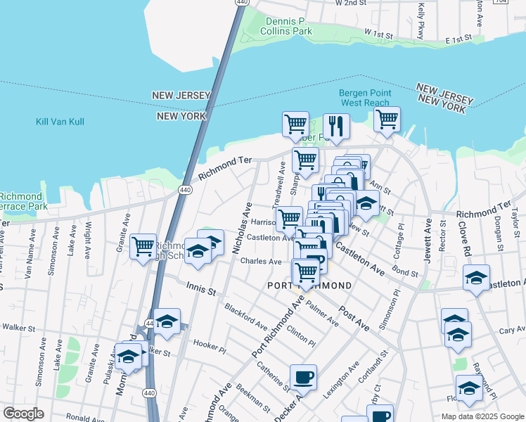 map of restaurants, bars, coffee shops, grocery stores, and more near 25 Slaight Street in Staten Island