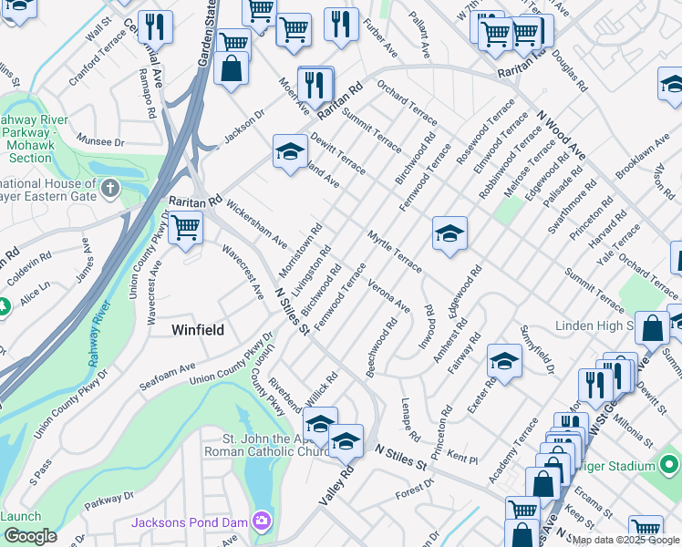 map of restaurants, bars, coffee shops, grocery stores, and more near 2500 Verona Avenue in Linden