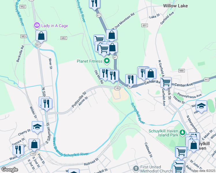 map of restaurants, bars, coffee shops, grocery stores, and more near 176 Pottsville Street in Port Carbon