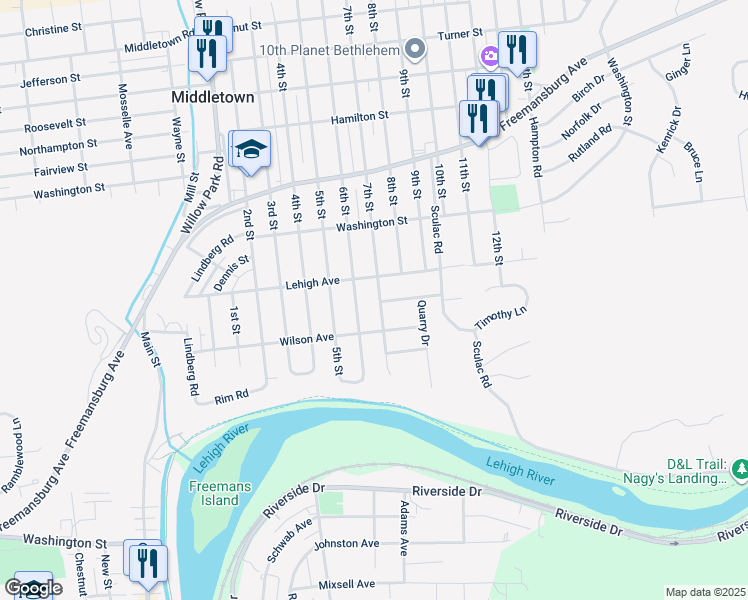 map of restaurants, bars, coffee shops, grocery stores, and more near 1581 7th Street in Bethlehem