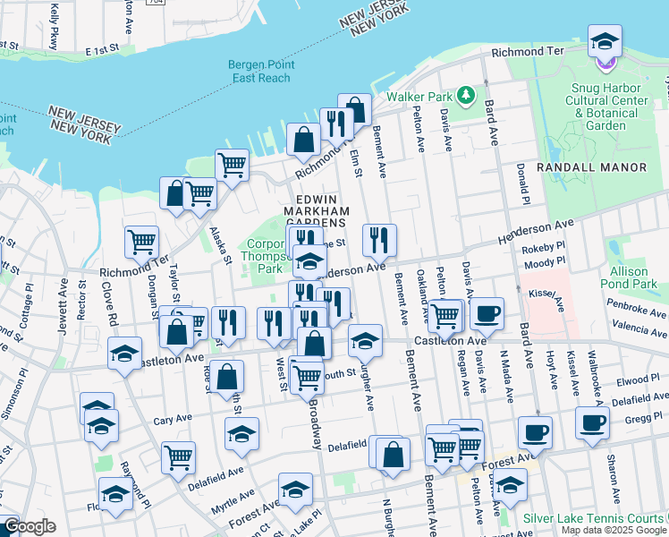 map of restaurants, bars, coffee shops, grocery stores, and more near 38 Wayne Street in Staten Island
