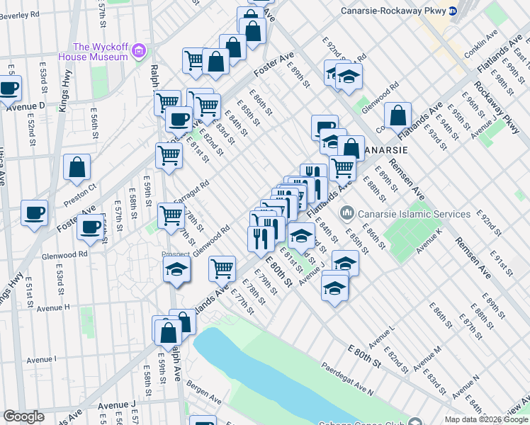 map of restaurants, bars, coffee shops, grocery stores, and more near 716 East 83rd Street in Brooklyn