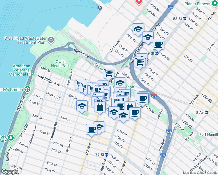 map of restaurants, bars, coffee shops, grocery stores, and more near 6713 3rd Avenue in Brooklyn