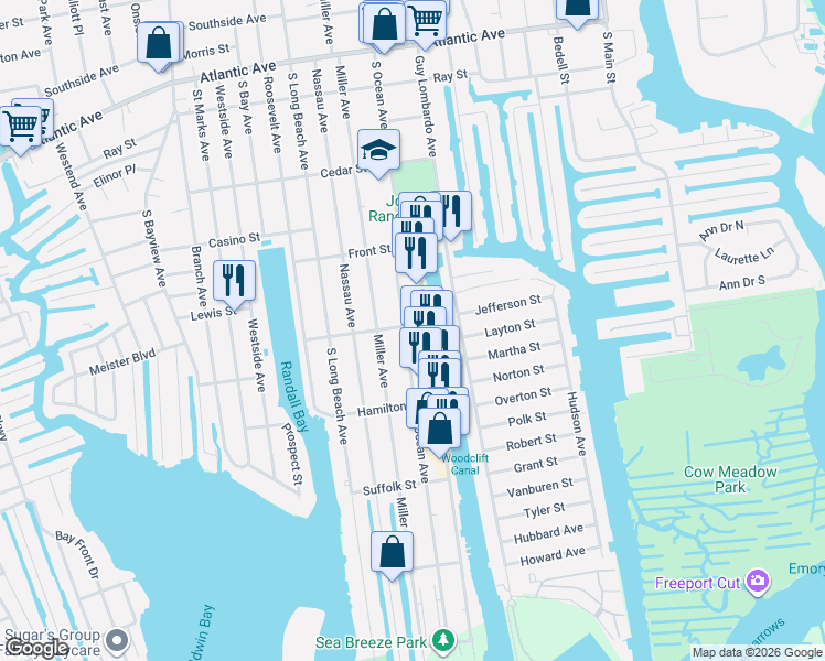 map of restaurants, bars, coffee shops, grocery stores, and more near 576 South Ocean Avenue in Freeport
