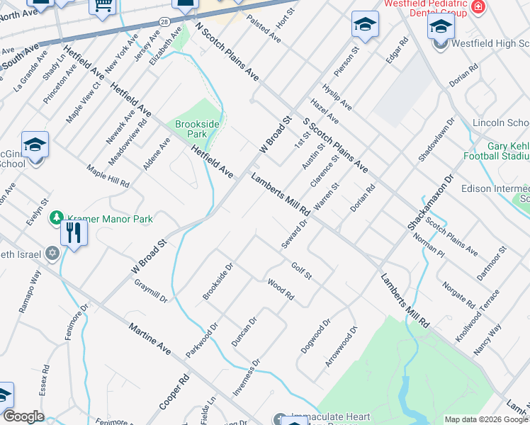 map of restaurants, bars, coffee shops, grocery stores, and more near 1382 Lamberts Mill Road in Scotch Plains