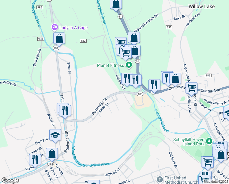 map of restaurants, bars, coffee shops, grocery stores, and more near 174 Pottsville Street in Cressona