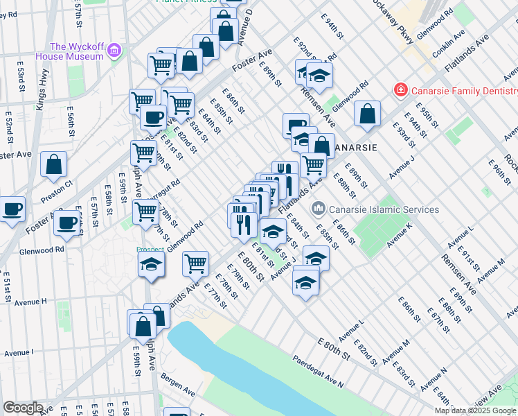 map of restaurants, bars, coffee shops, grocery stores, and more near 750 East 83rd Street in Brooklyn