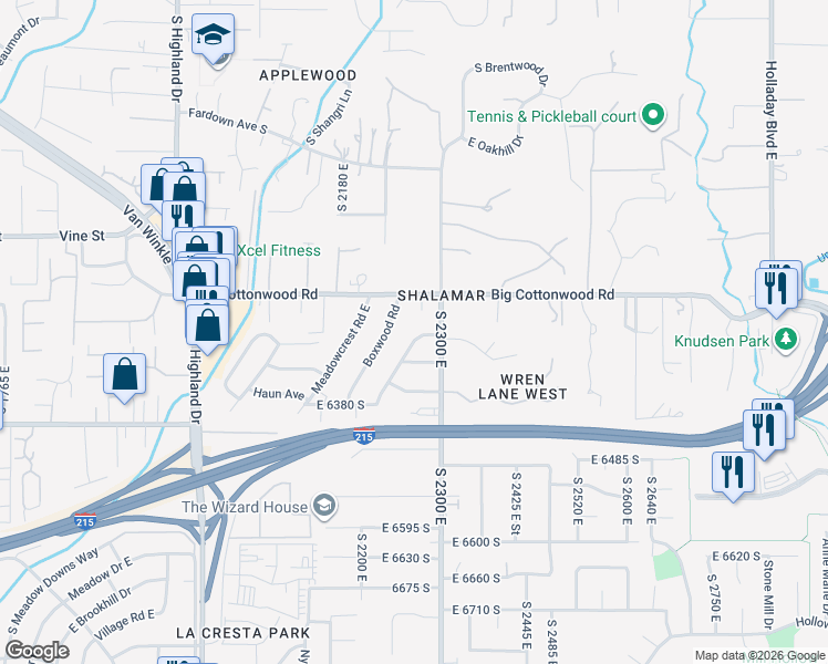map of restaurants, bars, coffee shops, grocery stores, and more near 6229 Boxwood Road in Holladay
