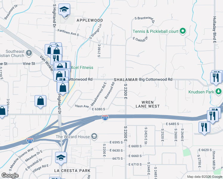 map of restaurants, bars, coffee shops, grocery stores, and more near 6229 Boxwood Road in Holladay