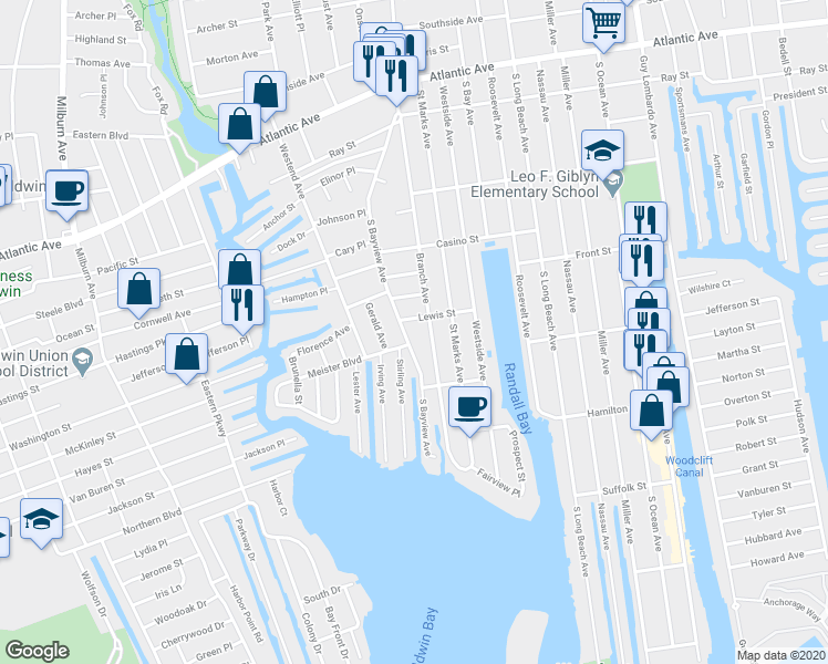 map of restaurants, bars, coffee shops, grocery stores, and more near 162 Branch Avenue in Freeport