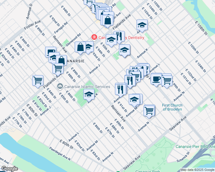 map of restaurants, bars, coffee shops, grocery stores, and more near 9208 Avenue K in Brooklyn