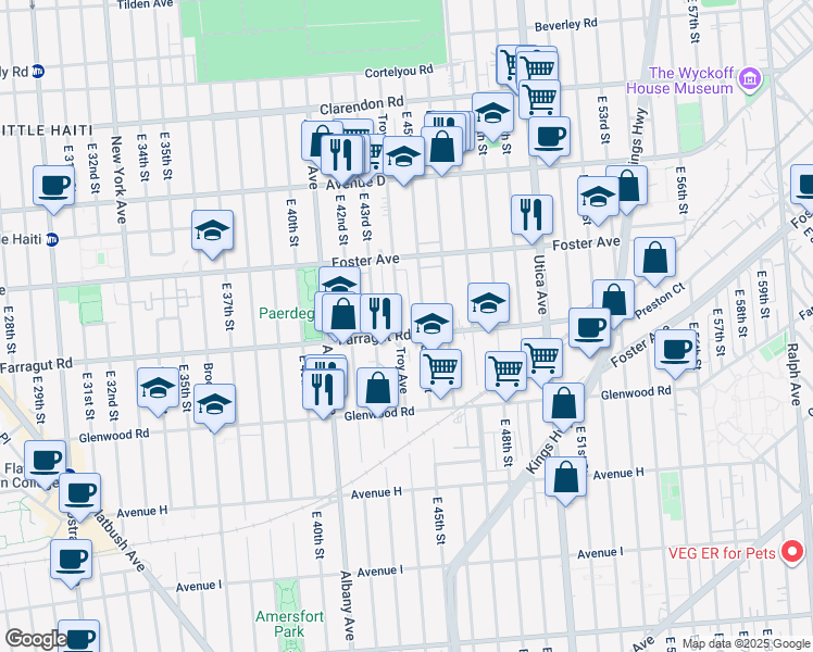 map of restaurants, bars, coffee shops, grocery stores, and more near 1414 Troy Avenue in Brooklyn
