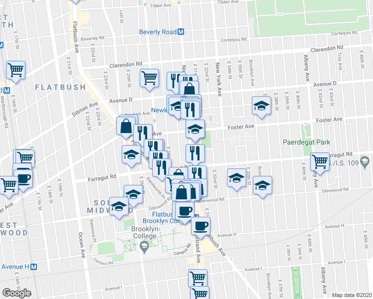 map of restaurants, bars, coffee shops, grocery stores, and more near 1950 Nostrand Avenue in Brooklyn