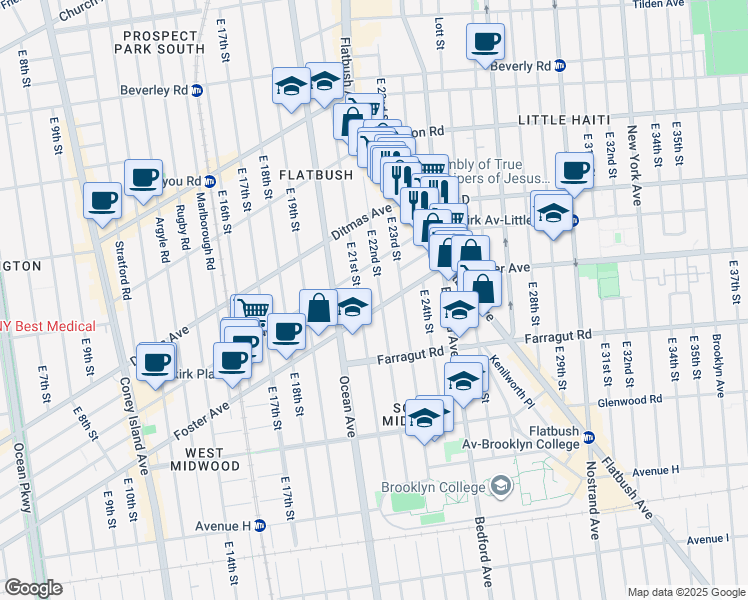 map of restaurants, bars, coffee shops, grocery stores, and more near 651 East 21st Street in Brooklyn