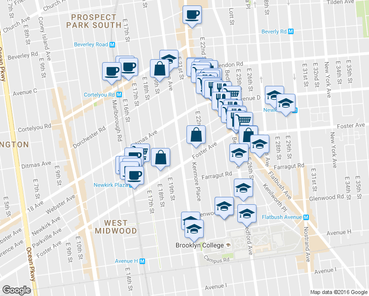 map of restaurants, bars, coffee shops, grocery stores, and more near 651 East 21st Street in Brooklyn