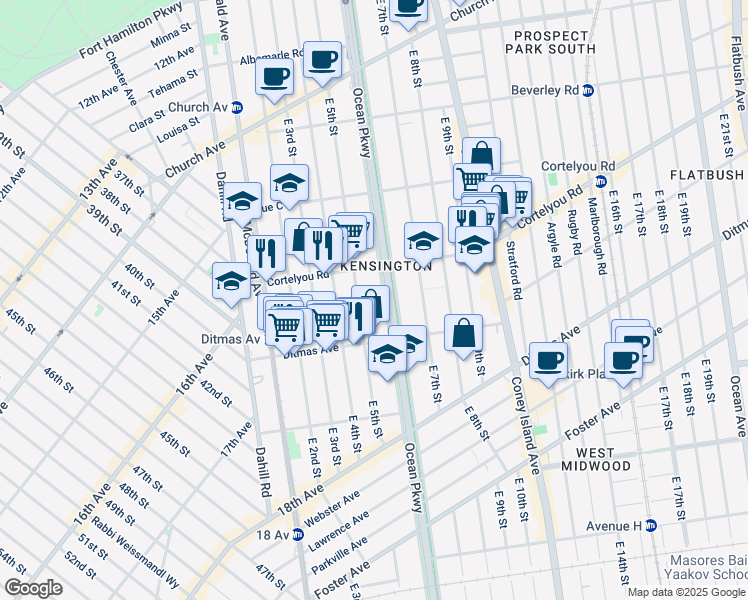 map of restaurants, bars, coffee shops, grocery stores, and more near 583 East 5th Street in Brooklyn