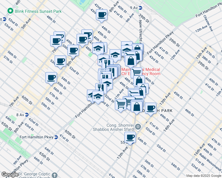 map of restaurants, bars, coffee shops, grocery stores, and more near 1043 50th Street in Brooklyn