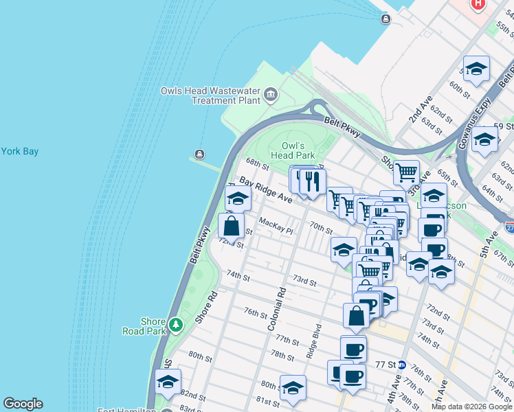 map of restaurants, bars, coffee shops, grocery stores, and more near 62 Bay Ridge Avenue in Brooklyn