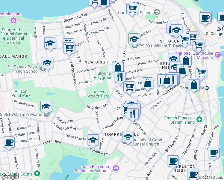 map of restaurants, bars, coffee shops, grocery stores, and more near 363 York Avenue in Staten Island