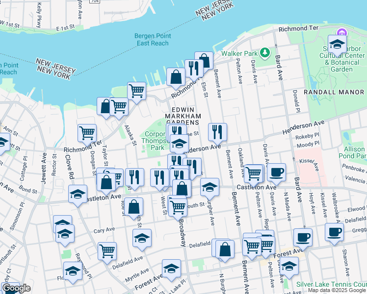 map of restaurants, bars, coffee shops, grocery stores, and more near 38 Wayne Street in Staten Island