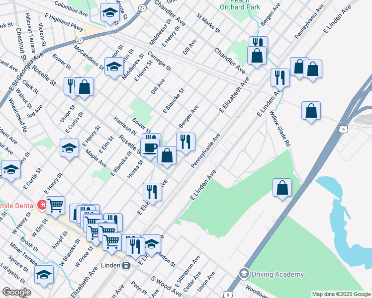 map of restaurants, bars, coffee shops, grocery stores, and more near 740 Essex Avenue in Linden