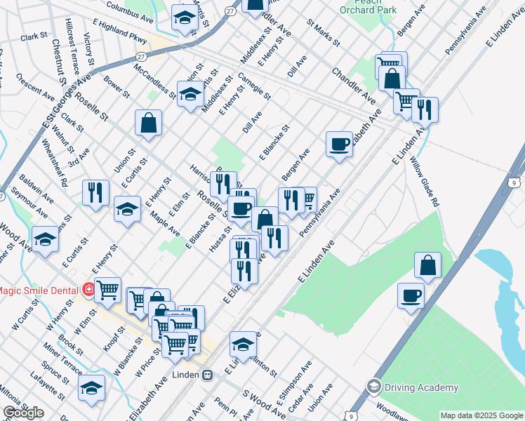 map of restaurants, bars, coffee shops, grocery stores, and more near 714 Bergen Avenue in Linden