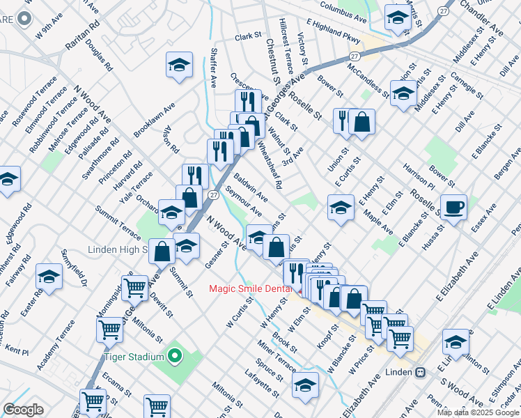 map of restaurants, bars, coffee shops, grocery stores, and more near 840 Baldwin Avenue in Linden