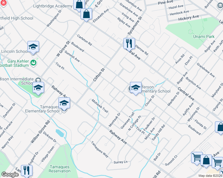 map of restaurants, bars, coffee shops, grocery stores, and more near 1115 Summit Avenue in Westfield
