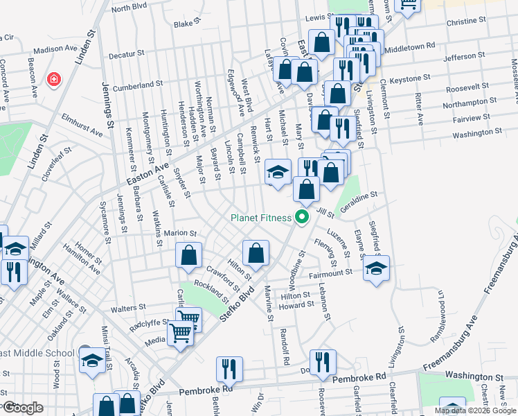 map of restaurants, bars, coffee shops, grocery stores, and more near 1836 Campbell Street in Bethlehem