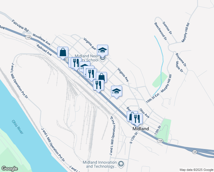map of restaurants, bars, coffee shops, grocery stores, and more near 813 Penn Avenue in Midland