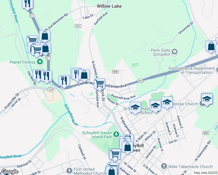 map of restaurants, bars, coffee shops, grocery stores, and more near 115 Center Avenue in Schuylkill Haven