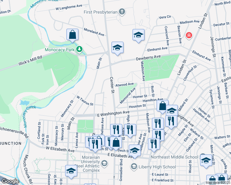 map of restaurants, bars, coffee shops, grocery stores, and more near 1756 Center Street in Bethlehem