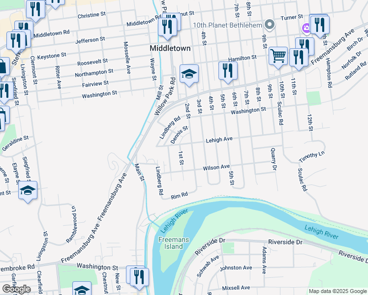 map of restaurants, bars, coffee shops, grocery stores, and more near 3306 Lehigh Avenue in Bethlehem