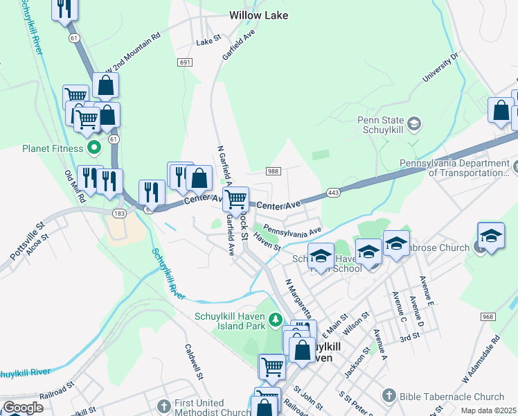 map of restaurants, bars, coffee shops, grocery stores, and more near 115 Center Avenue in Schuylkill Haven
