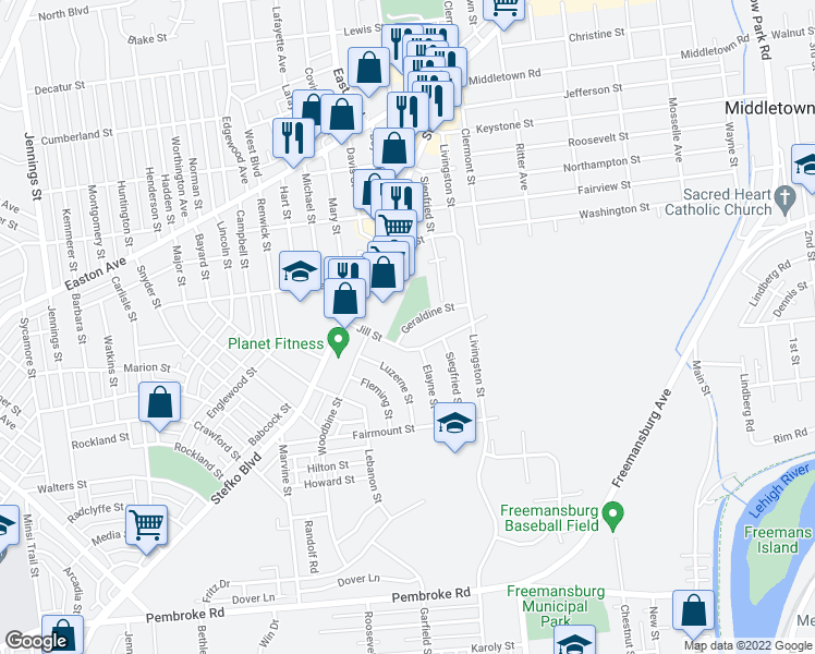 map of restaurants, bars, coffee shops, grocery stores, and more near 1699 Geraldine Street in Bethlehem