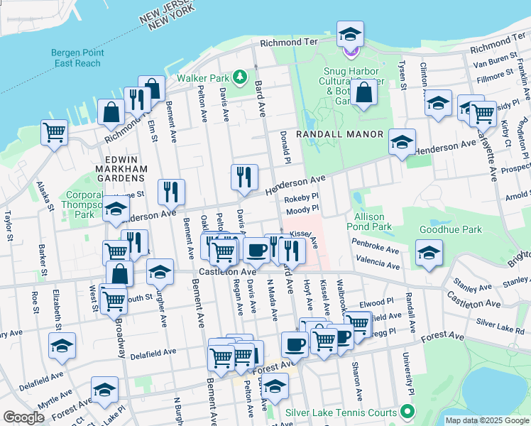 map of restaurants, bars, coffee shops, grocery stores, and more near 151 North Street Austins Place in Staten Island