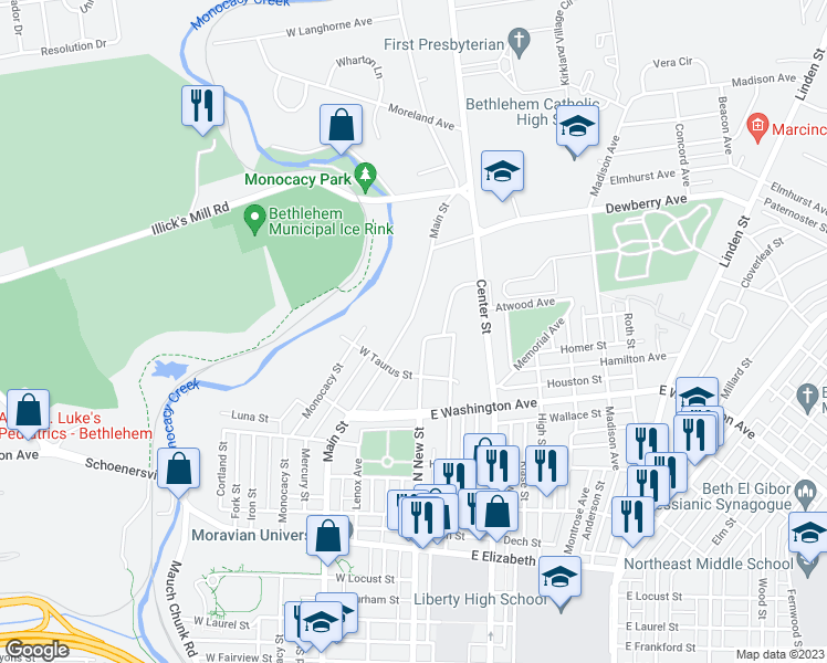 map of restaurants, bars, coffee shops, grocery stores, and more near 1840 Main Street in Bethlehem