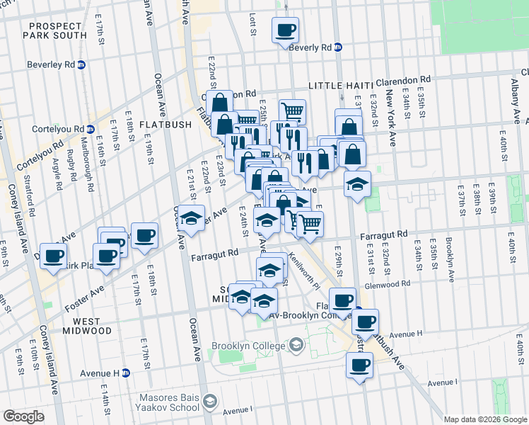 map of restaurants, bars, coffee shops, grocery stores, and more near 1351 Flatbush Avenue in Brooklyn