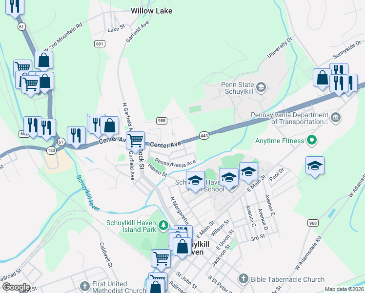 map of restaurants, bars, coffee shops, grocery stores, and more near 10 South Center Street in Pottsville